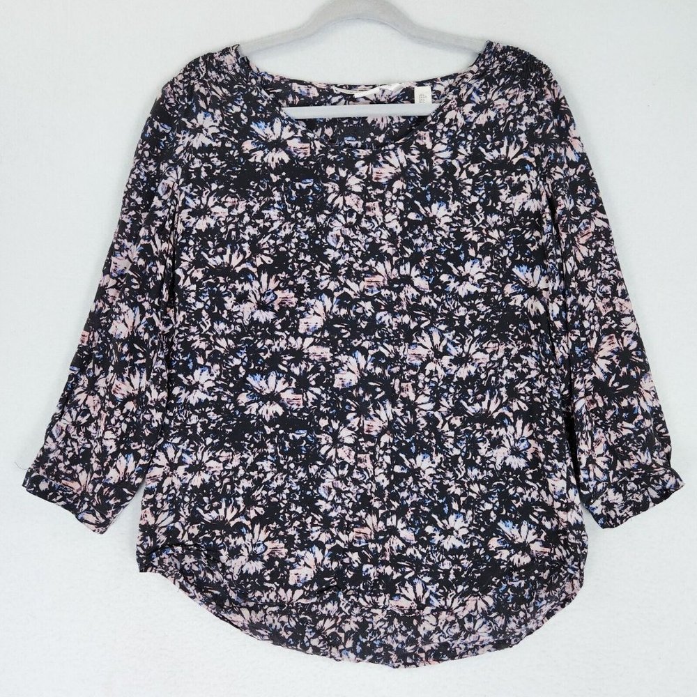 Max Studio Shirt Women Large Black Pink Printed 3/4 Sleeve Silk Lightweight Top